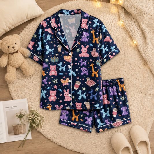 PJ-045-Satin Navy Balloon Animal & Plushie White Piping Button Up Pajama Set