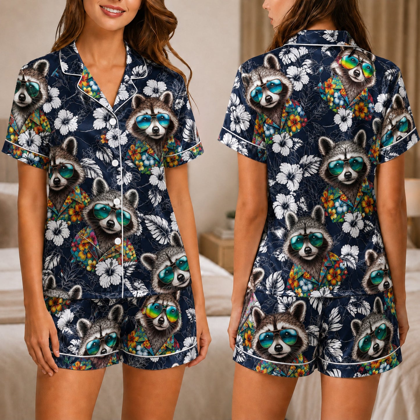 PJ-046-Satin Navy Tropical Raccoon White Piping Button Up Pajama Set