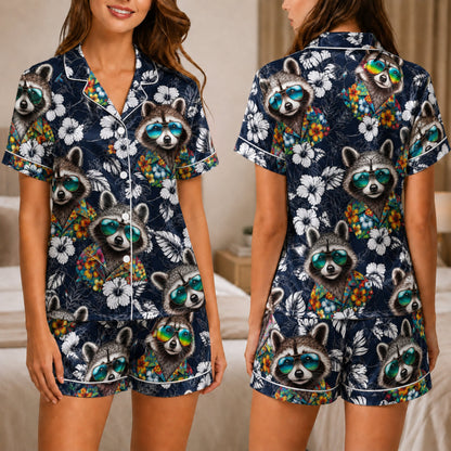PJ-046-Satin Navy Tropical Raccoon White Piping Button Up Pajama Set