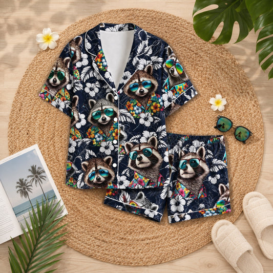PJ-046-Satin Navy Tropical Raccoon White Piping Button Up Pajama Set