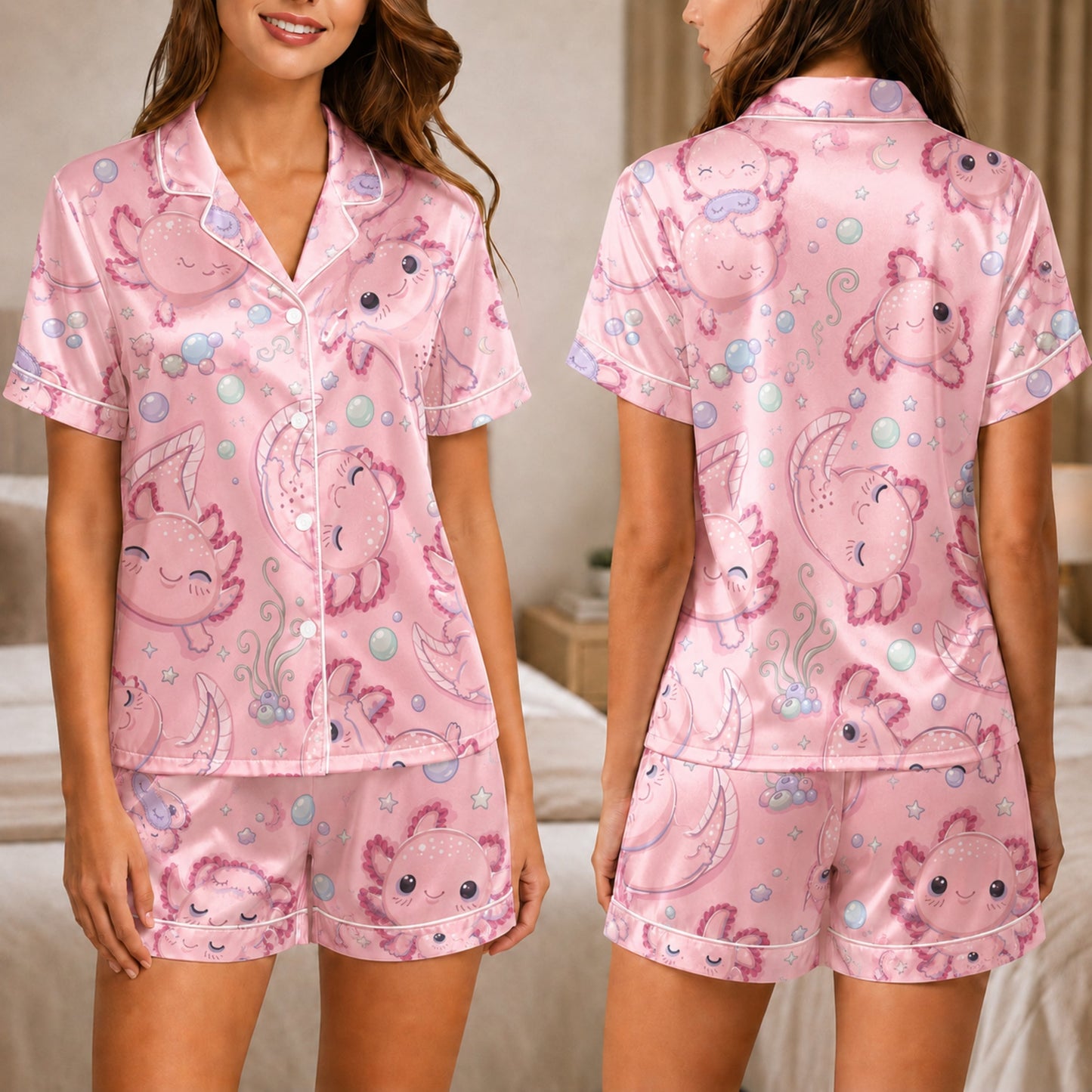 PJ-047-Satin Pink Axolotl White Piping Button Up Pajama Set