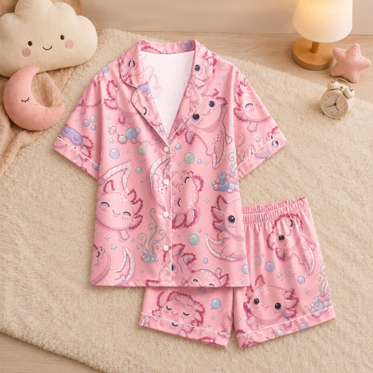PJ-047-Satin Pink Axolotl White Piping Button Up Pajama Set