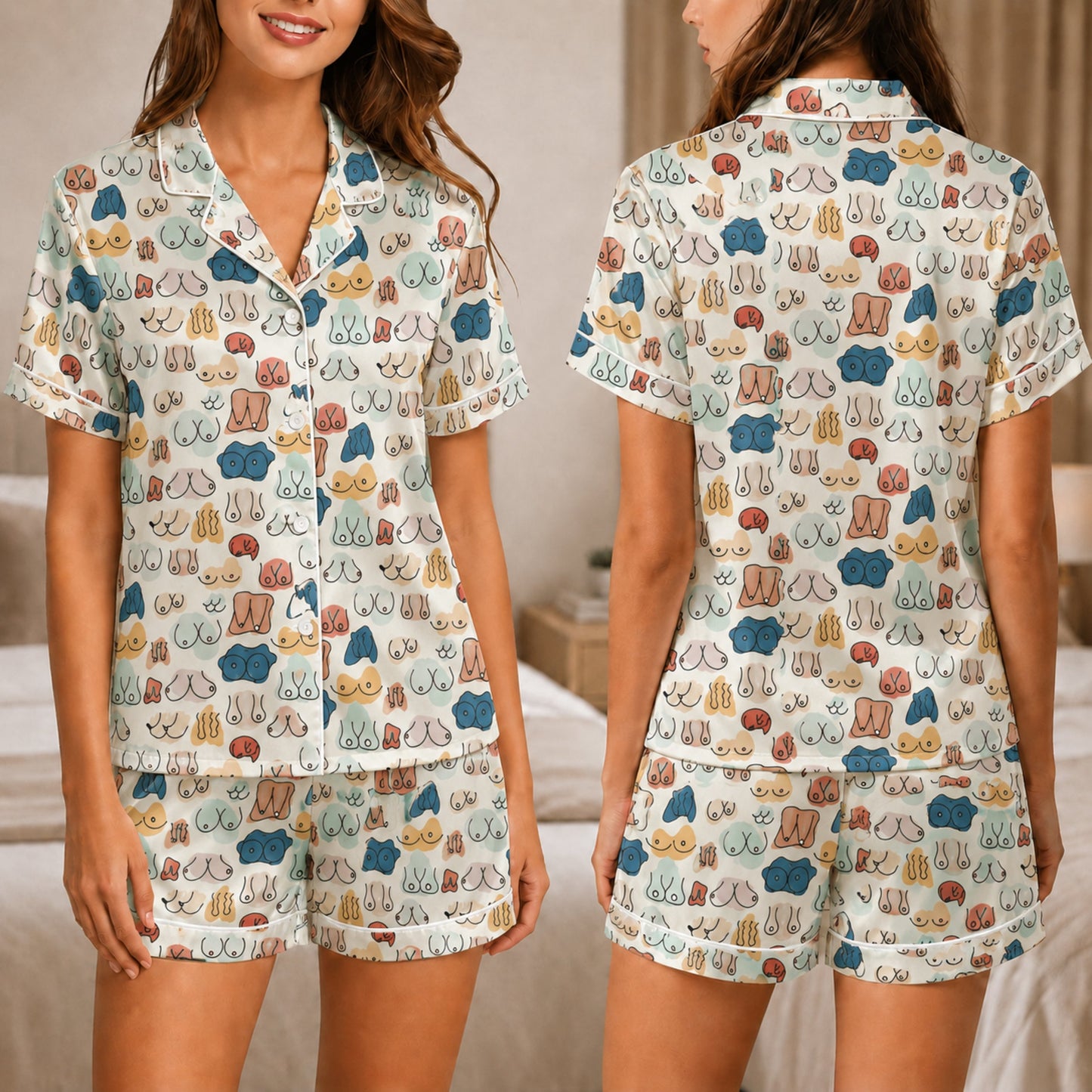 PJ-048-Satin Colorful Abstract Line Art White Piping Button Up Pajama Set