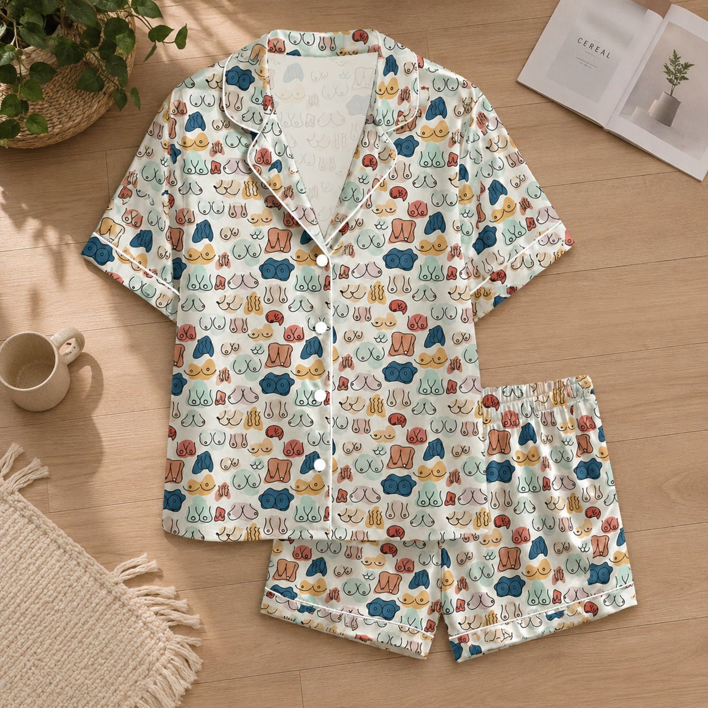PJ-048-Satin Colorful Abstract Line Art White Piping Button Up Pajama Set