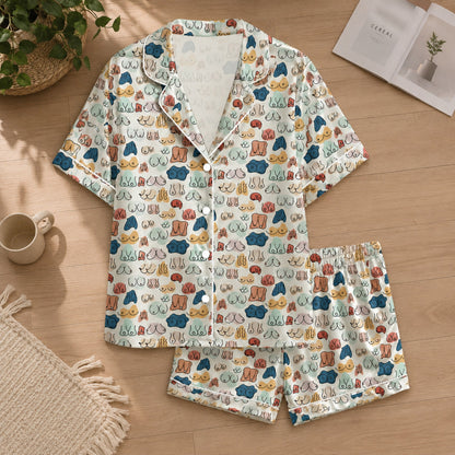 PJ-048-Satin Colorful Abstract Line Art White Piping Button Up Pajama Set