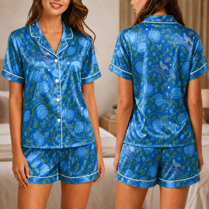 PJ-049-Satin Blue Vintage Botanical White Piping Button Up Pajama Set