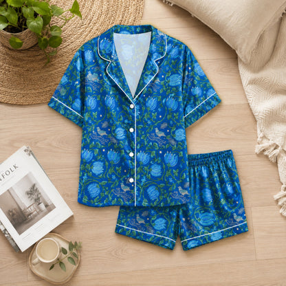 PJ-049-Satin Blue Vintage Botanical White Piping Button Up Pajama Set