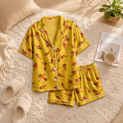 PJ-050-Spicy Chili Pajama Set Featuring Vibrant Red Pepper Artwork