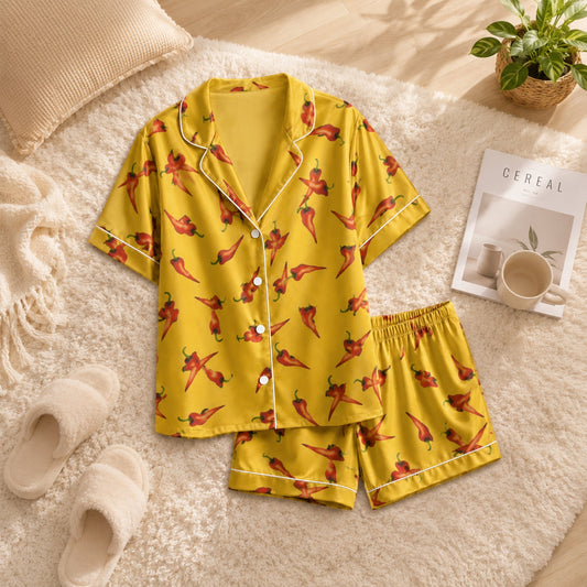 PJ-050-Spicy Chili Pajama Set Featuring Vibrant Red Pepper Artwork