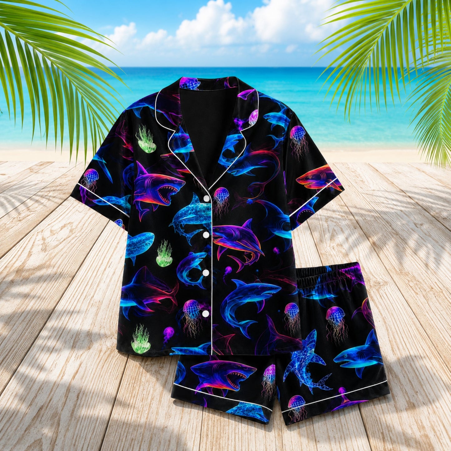 PJ-052-Neon Shark Print Pajama Set Featuring Glowing Ocean Creatures and Jellyfish Artwork