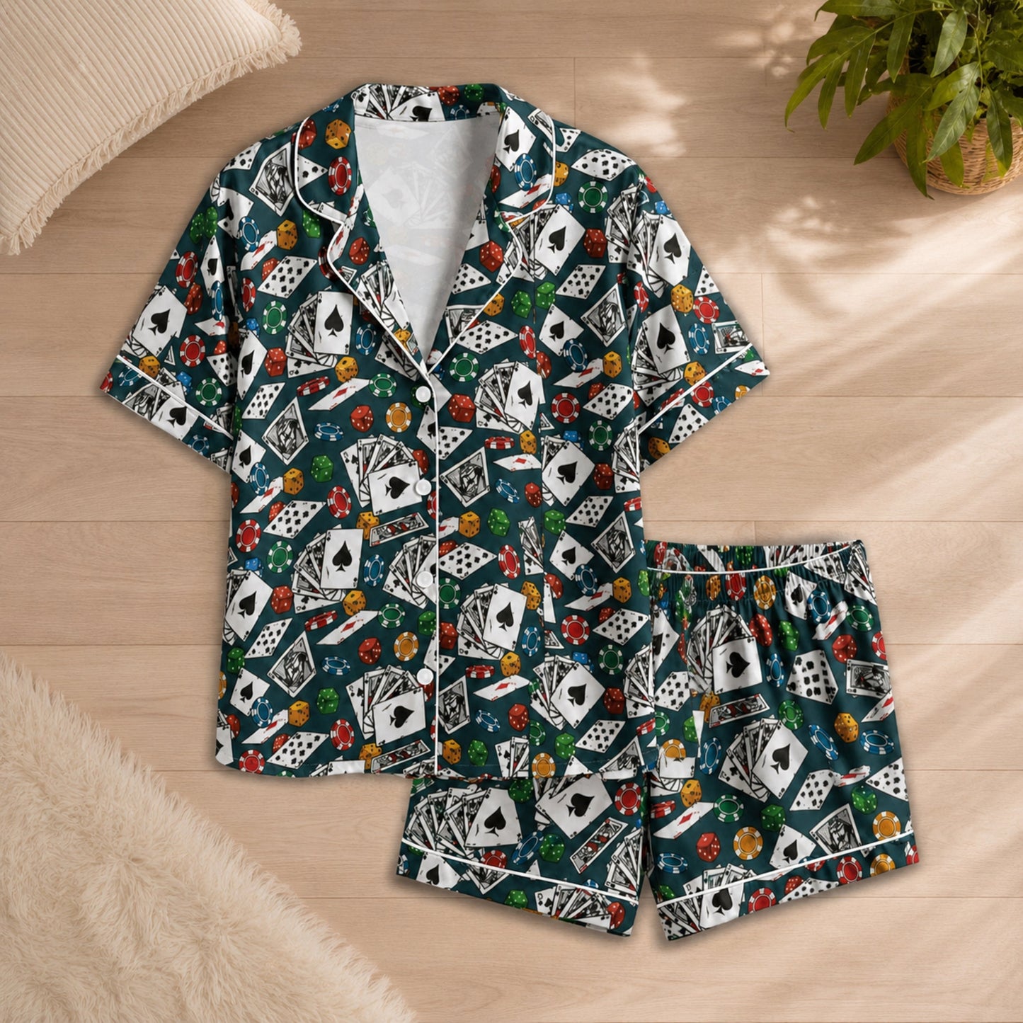 PJ-054-Casino Print Pajama Set Featuring Playing Cards, Poker Chips, Dice, and Gaming Artwork