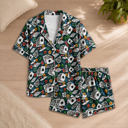 PJ-054-Casino Print Pajama Set Featuring Playing Cards, Poker Chips, Dice, and Gaming Artwork