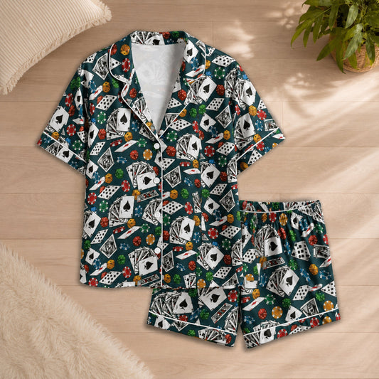PJ-054-Casino Print Pajama Set Featuring Playing Cards, Poker Chips, Dice, and Gaming Artwork
