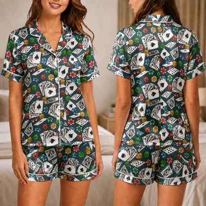 PJ-054-Casino Print Pajama Set Featuring Playing Cards, Poker Chips, Dice, and Gaming Artwork