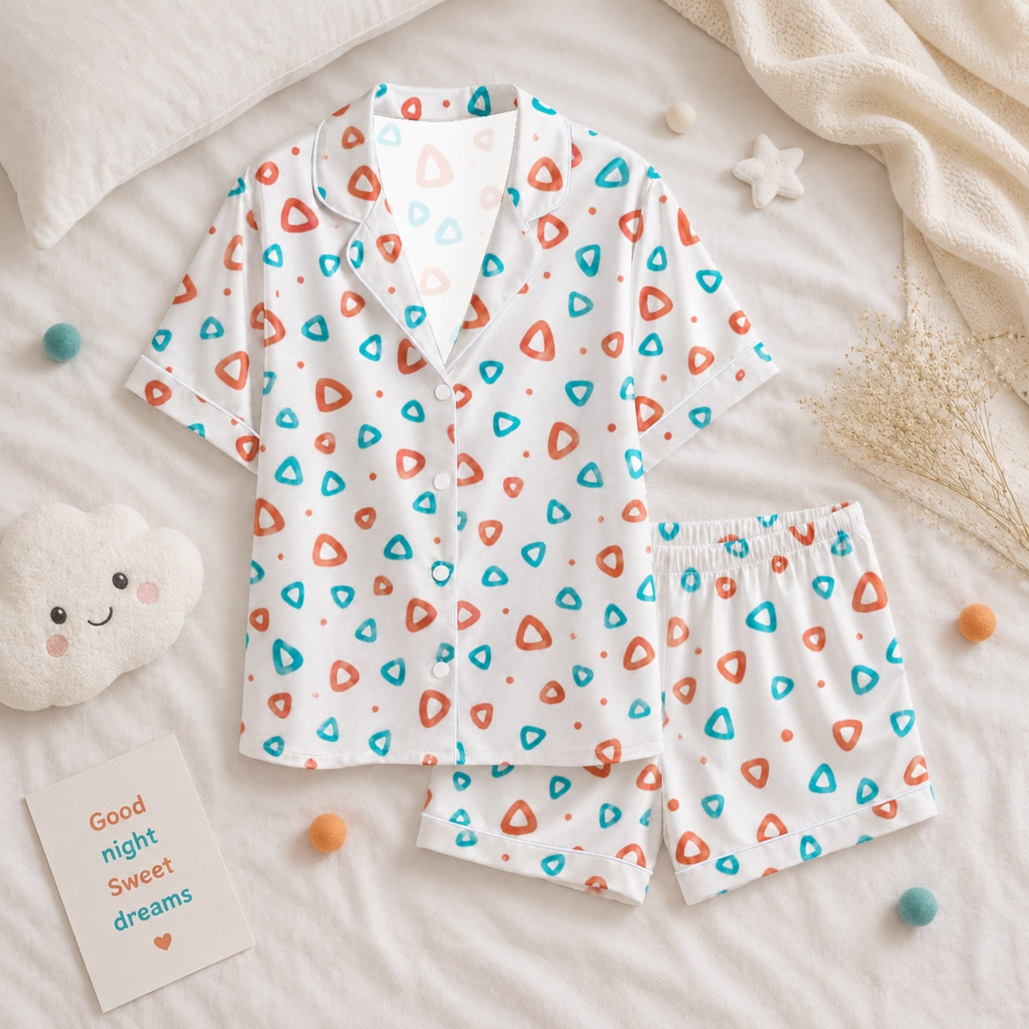 PJ-055-Geometric Print Pajama Set Featuring Colorful Rounded Triangles and Playful Abstract Pattern Design