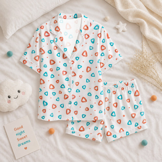 PJ-055-Geometric Print Pajama Set Featuring Colorful Rounded Triangles and Playful Abstract Pattern Design