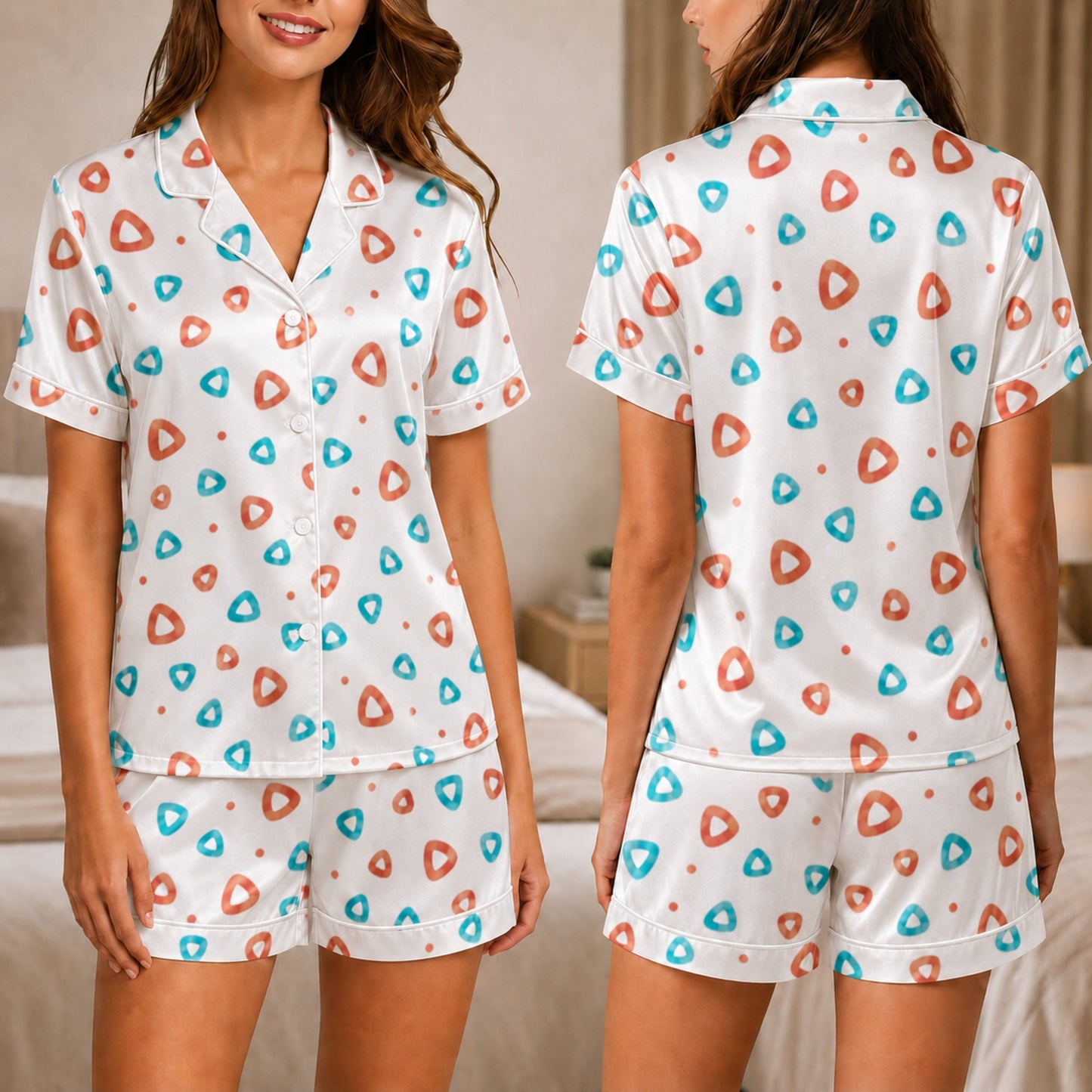 PJ-055-Geometric Print Pajama Set Featuring Colorful Rounded Triangles and Playful Abstract Pattern Design