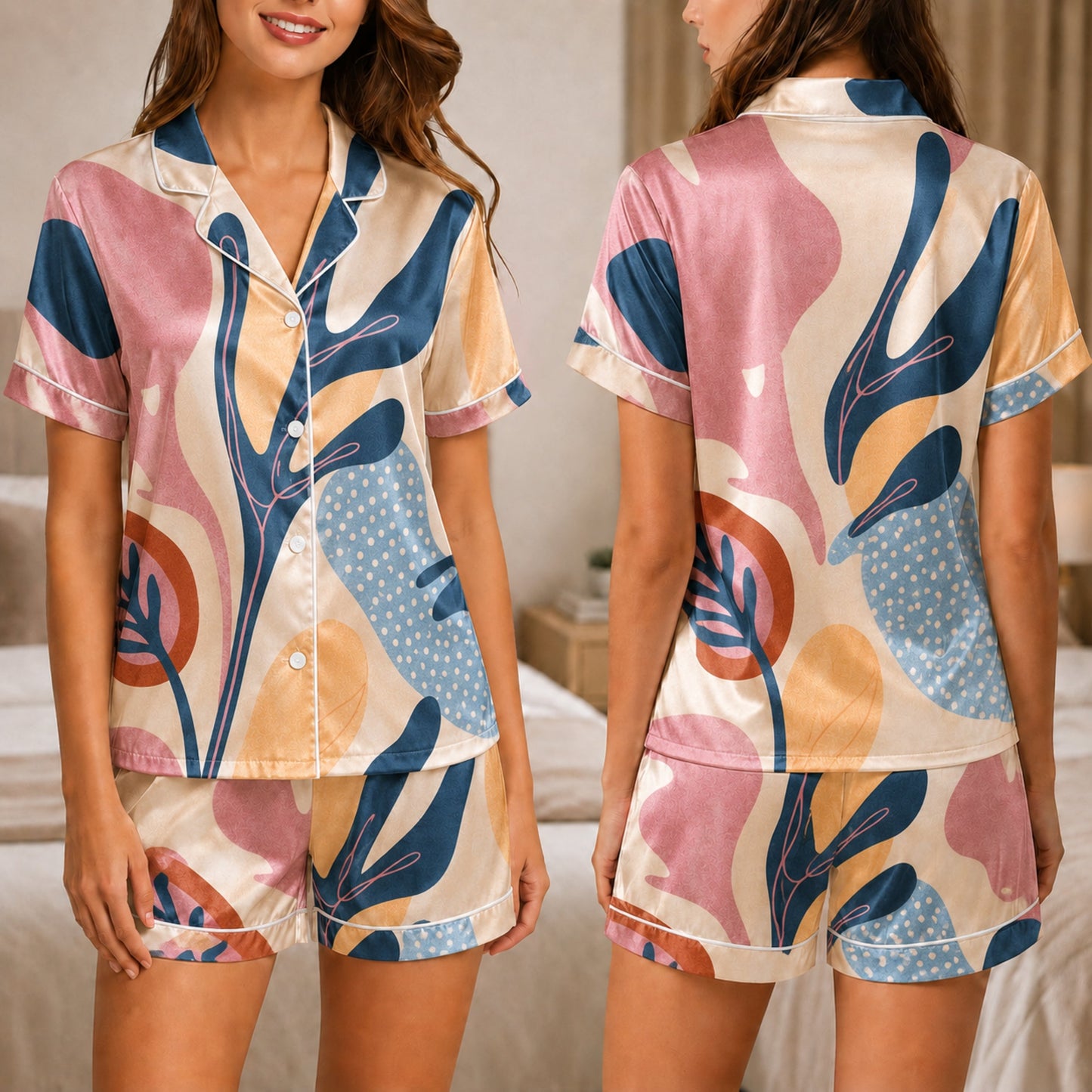 PJ-057-Satin White Abstract Botanical White Piping Button Up Pajama Set