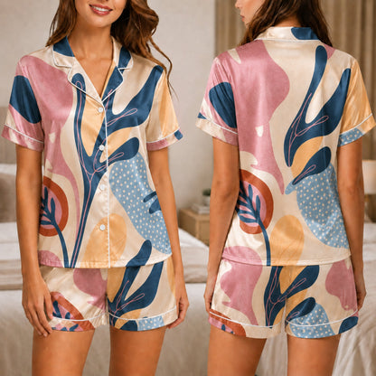PJ-057-Satin White Abstract Botanical White Piping Button Up Pajama Set