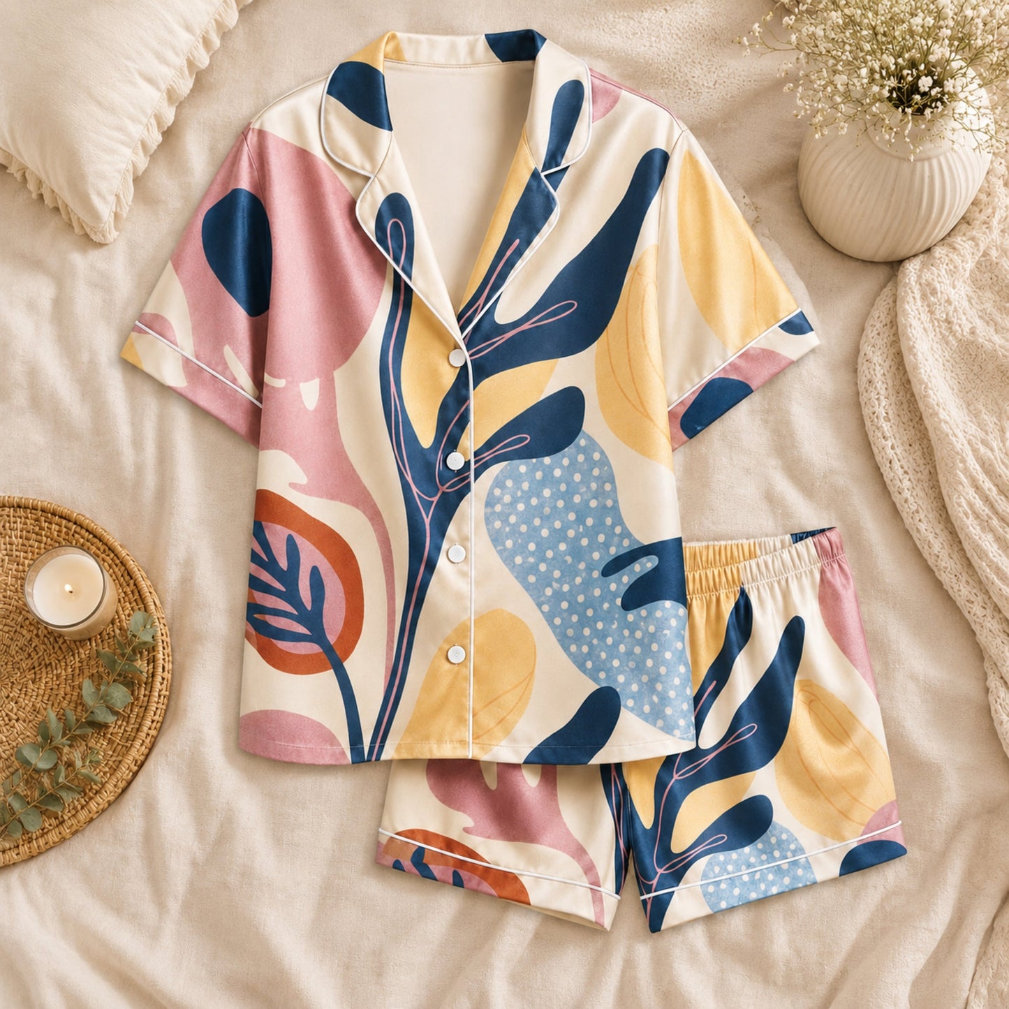 PJ-057-Satin White Abstract Botanical White Piping Button Up Pajama Set