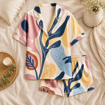 PJ-057-Satin White Abstract Botanical White Piping Button Up Pajama Set