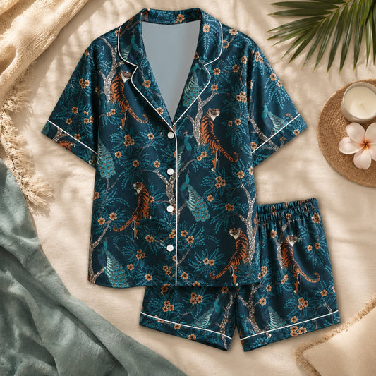 PJ-058-Satin Teal Exotic Jungle White Piping Button Up Pajama Set
