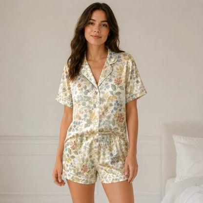 PJ-059-Satin Cream Vintage Floral White Piping Button Up Pajama Set