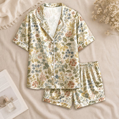 PJ-059-Satin Cream Vintage Floral White Piping Button Up Pajama Set