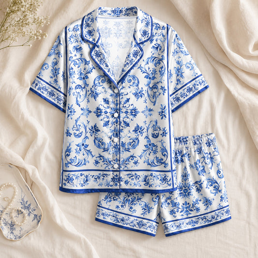 PJ-060-Satin White Porcelain Floral Blue Piping Button Up Pajama Set