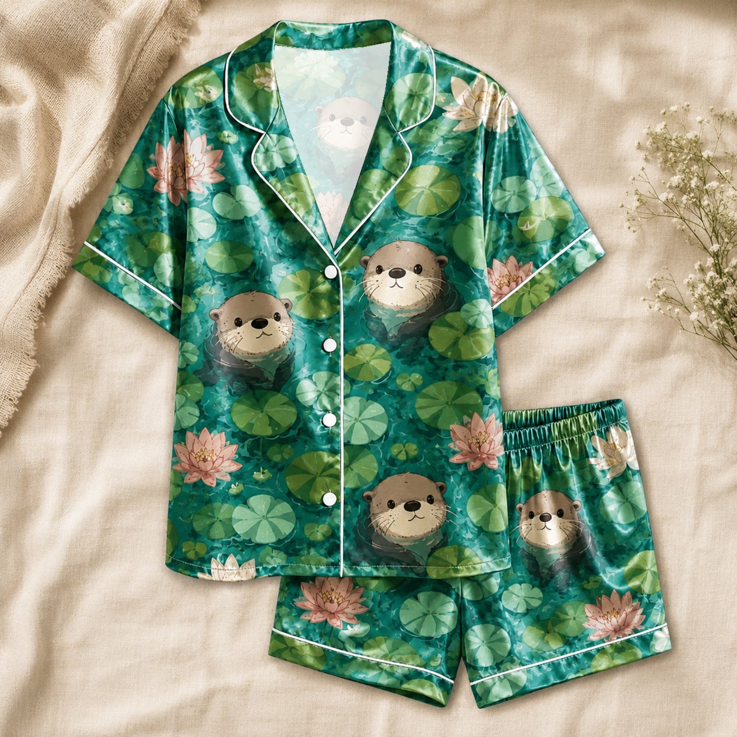 PJ-061-Satin Emerald Otter Pond White Piping Button Up Pajama Set