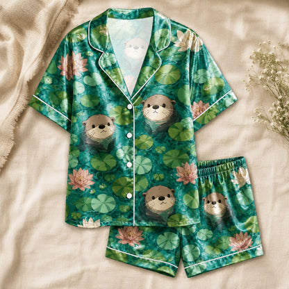 PJ-061-Satin Emerald Otter Pond White Piping Button Up Pajama Set