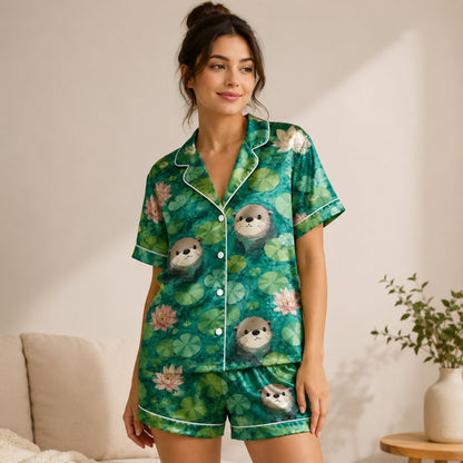 PJ-061-Satin Emerald Otter Pond White Piping Button Up Pajama Set