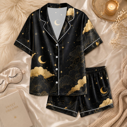 PJ-062-Celestial Silk Pajama Set, Black Gold Crescent Moon Star Print Loungewear Sleepwear