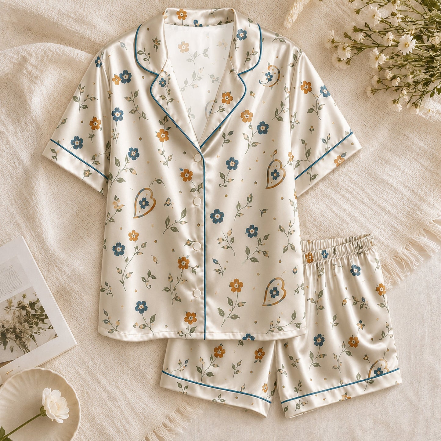 PJ-063-Satin White Autumn Blossom Teal Piping Button Up Pajama Set