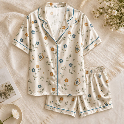PJ-063-Satin White Autumn Blossom Teal Piping Button Up Pajama Set