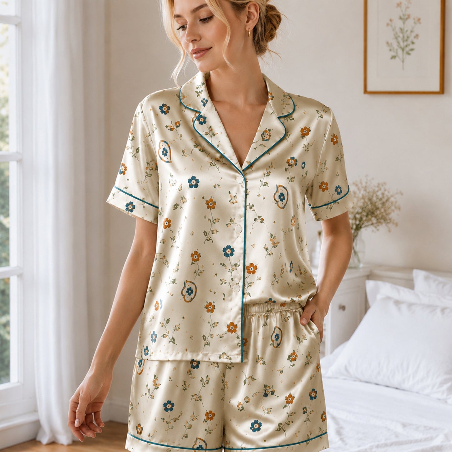PJ-063-Satin White Autumn Blossom Teal Piping Button Up Pajama Set