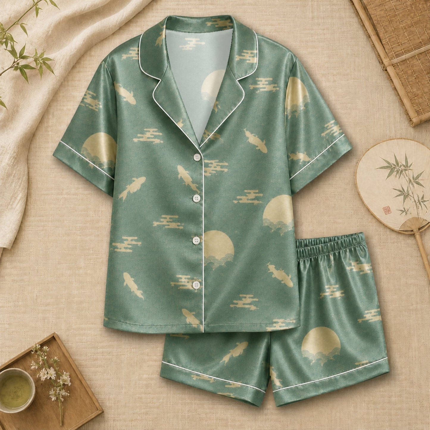 PJ-064-Satin Sage Green Moonlight Koi White Piping Button Up Pajama Set
