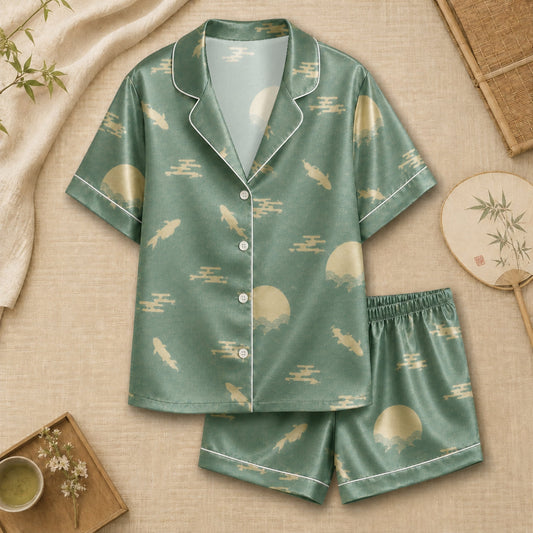 PJ-064-Satin Sage Green Moonlight Koi White Piping Button Up Pajama Set