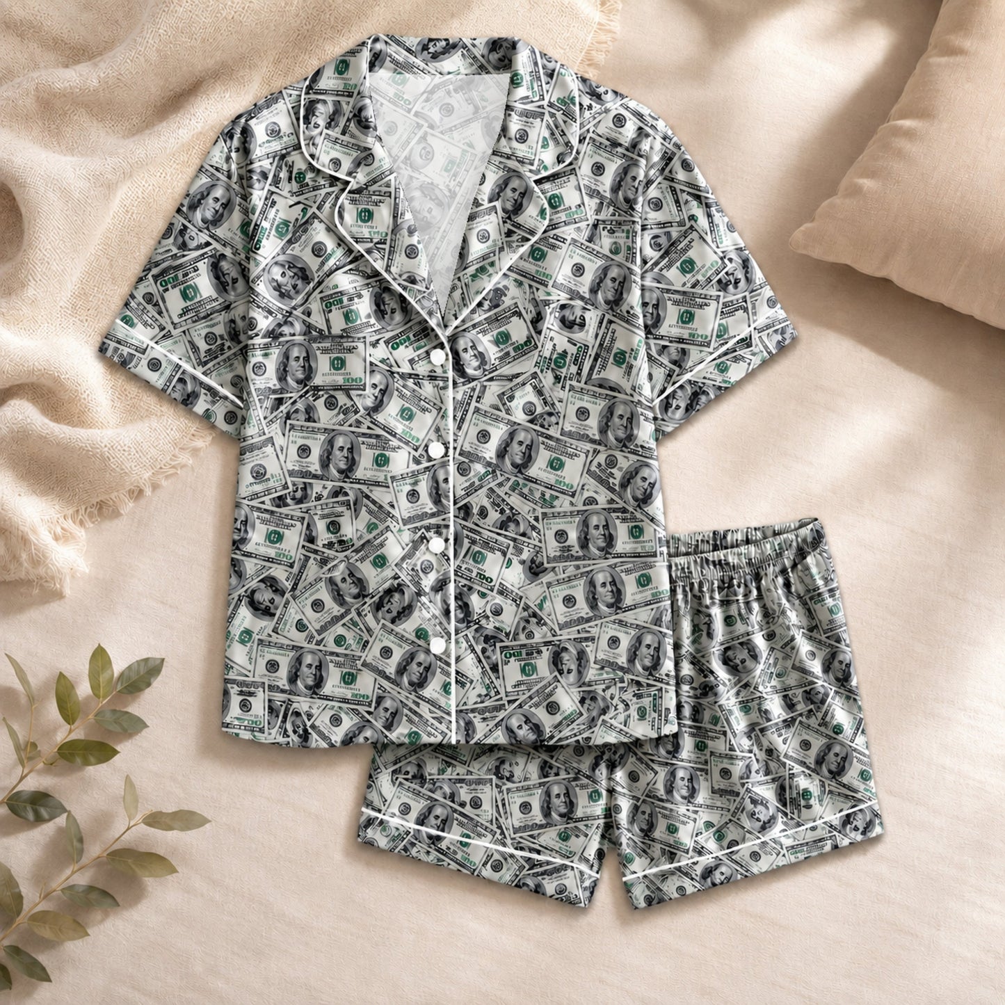 PJ-065-Silk Satin Button-Up Pajama Set Featuring High-Definition Dollar Bill Print
