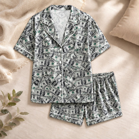 PJ-065-Silk Satin Button-Up Pajama Set Featuring High-Definition Dollar Bill Print