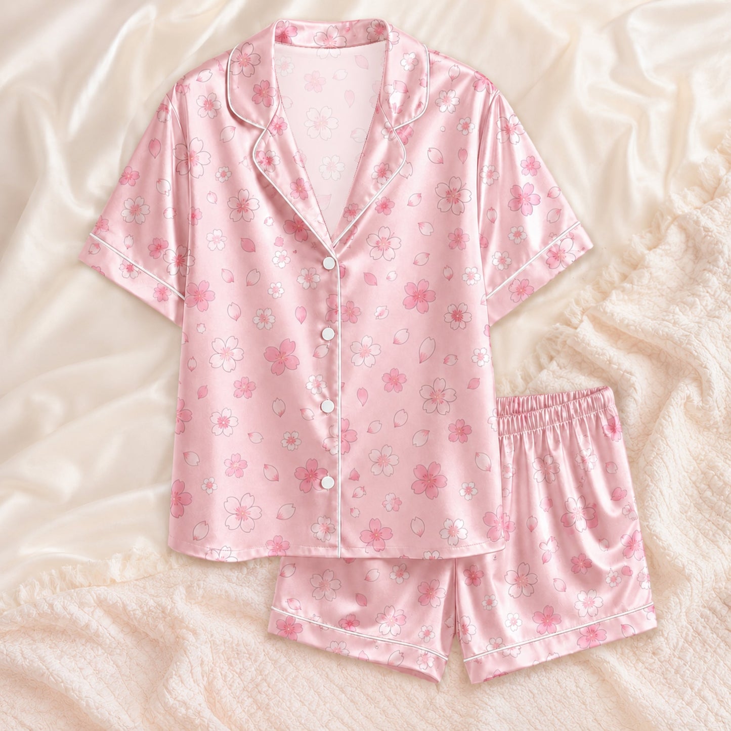 PJ-066-Satin Blush Sakura Bloom White Piping Button Up Pajama Set
