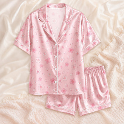 PJ-066-Satin Blush Sakura Bloom White Piping Button Up Pajama Set