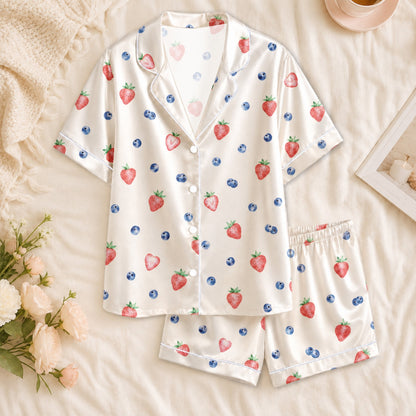 PJ-067-Strawberry and Blueberry Print Pajama Set with Fresh Berry Pattern Artwork Design