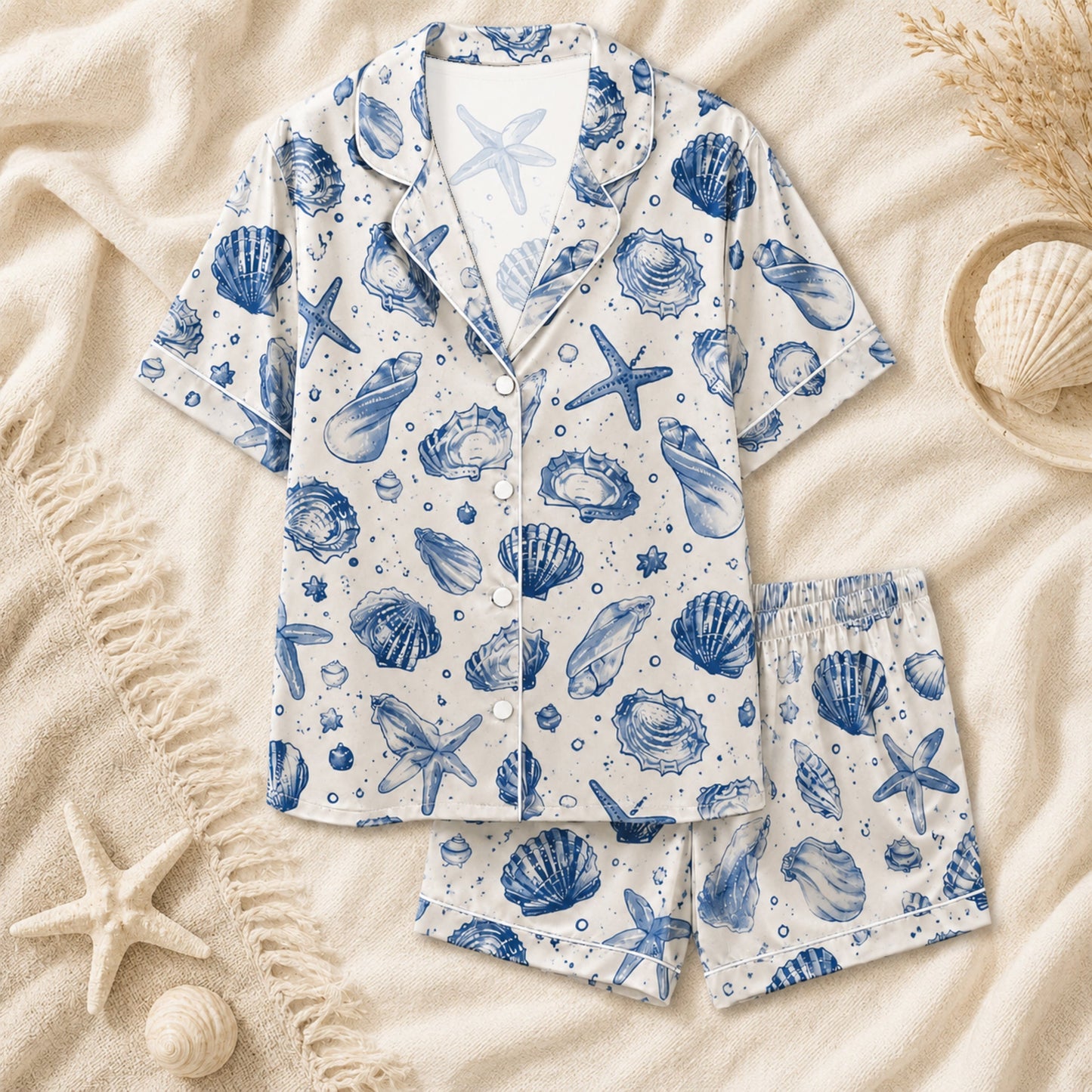 PJ-070-Satin Blue Seashell White Piping Button Up Pajama Set
