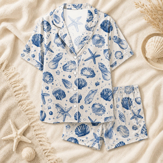 PJ-070-Satin Blue Seashell White Piping Button Up Pajama Set