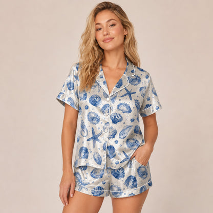 PJ-070-Satin Blue Seashell White Piping Button Up Pajama Set