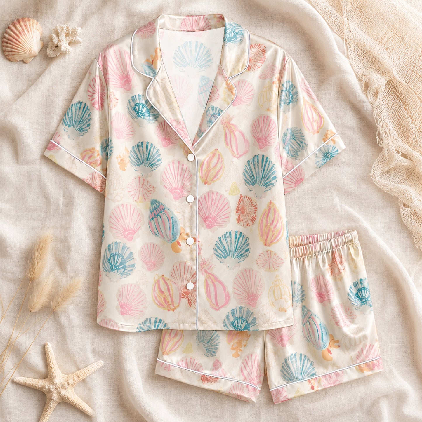 PJ-072-Satin White Pastel Seashell Classic Piping Button Up Pajama Set