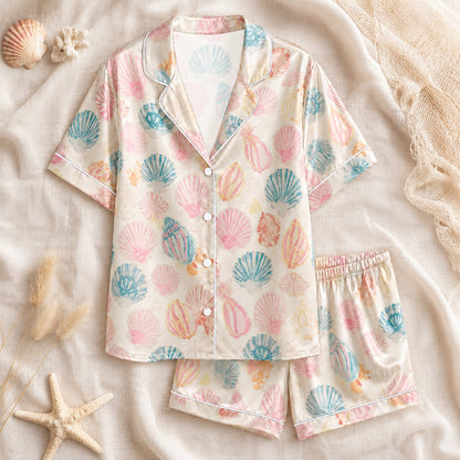 PJ-072-Satin White Pastel Seashell Classic Piping Button Up Pajama Set