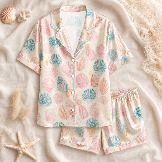 PJ-072-Satin White Pastel Seashell Classic Piping Button Up Pajama Set