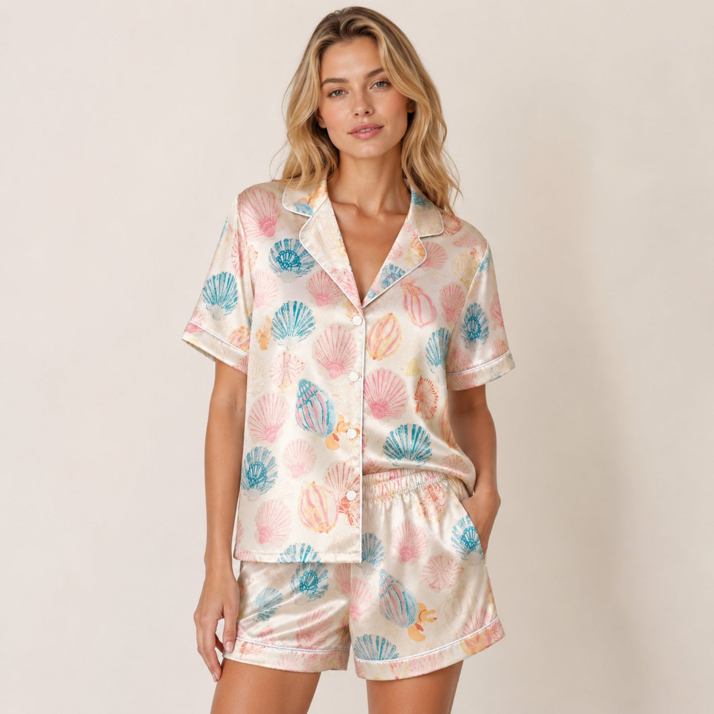 PJ-072-Satin White Pastel Seashell Classic Piping Button Up Pajama Set